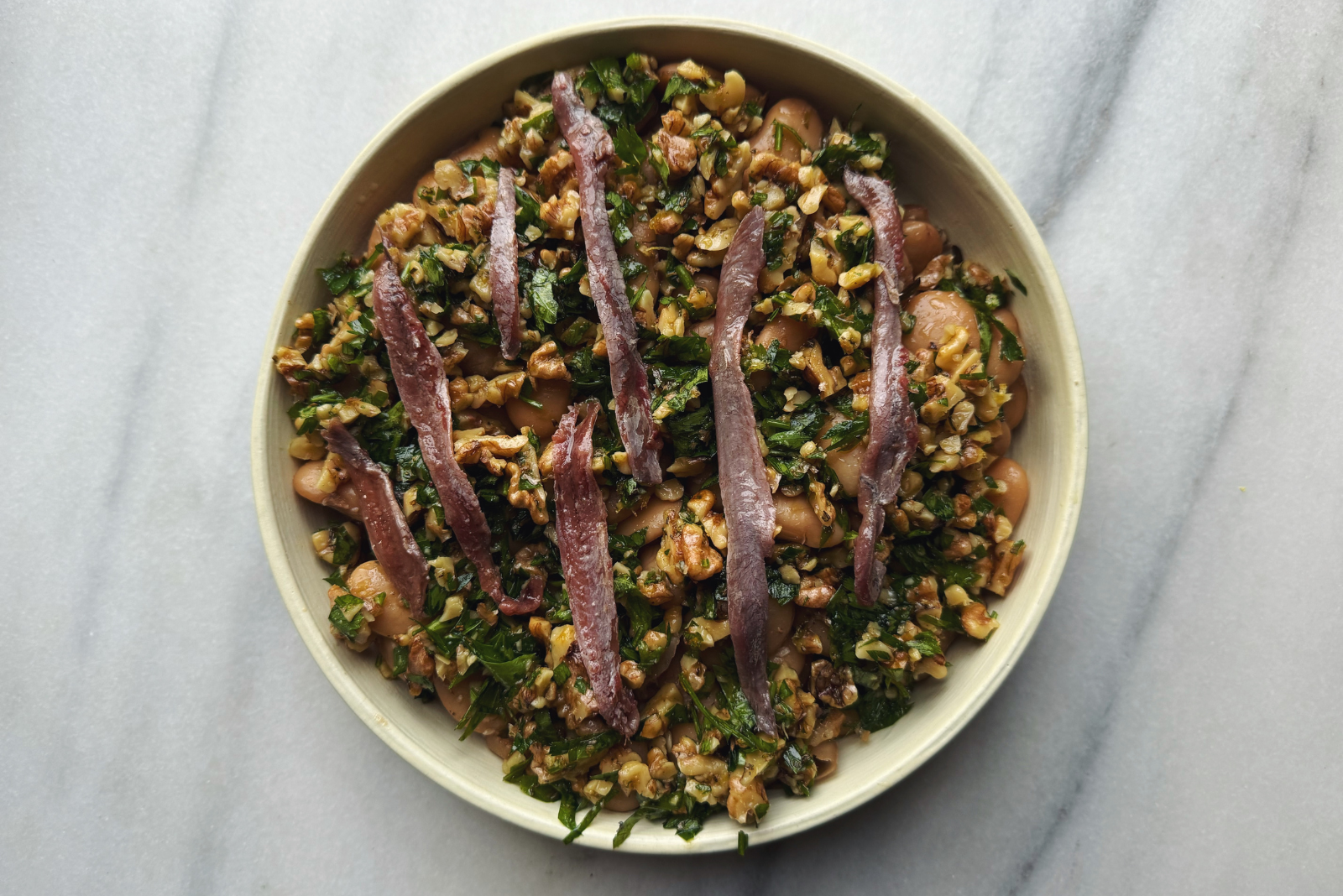 Gigante Beans with Walnut Crunch & Anchovies