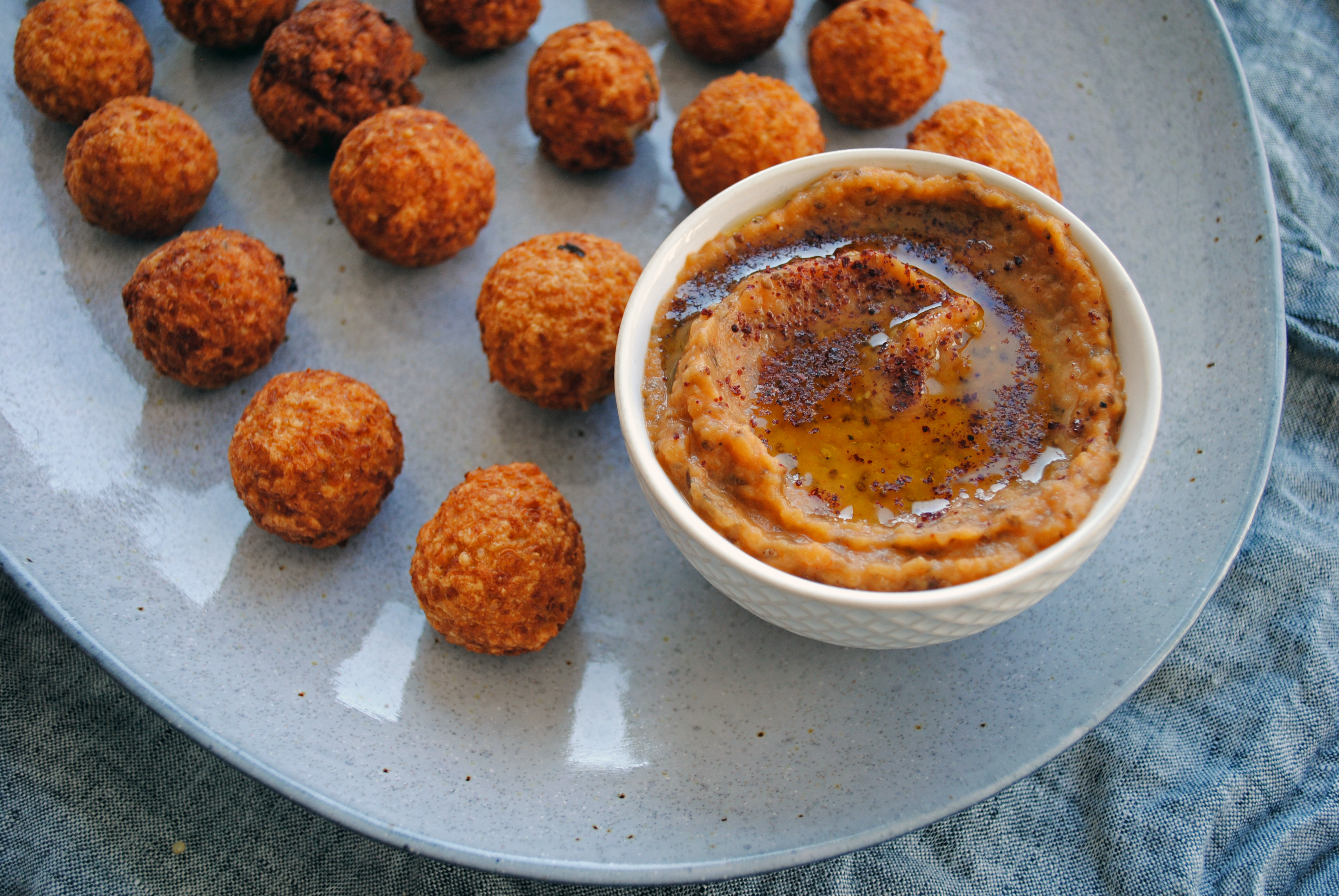 Quinoa Arancini Bites with Peruvian Spiced Eggplant Chia Dip