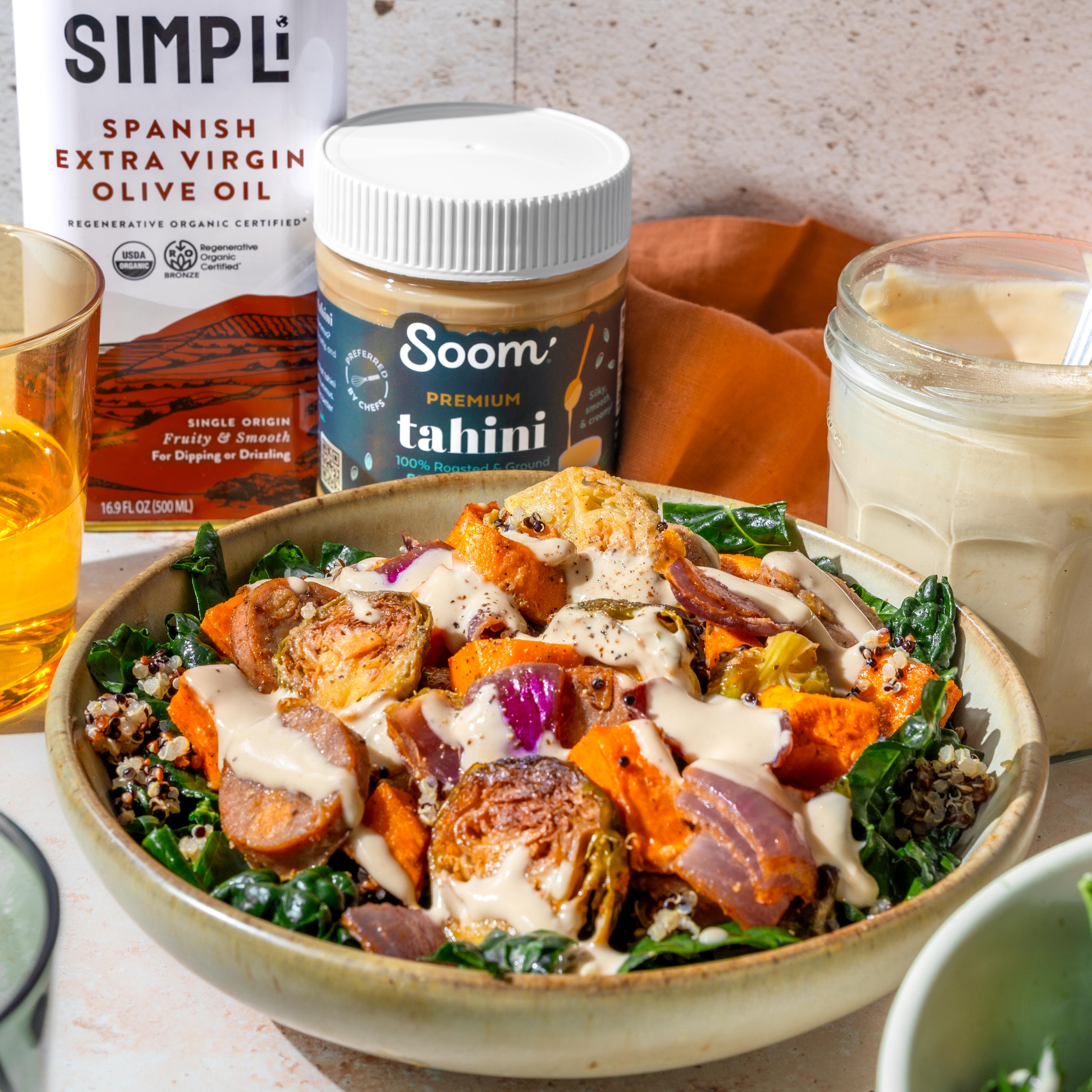 Sheet Pan Veggies with Chicken Sausage and Maple Dijon Tahini Dressing