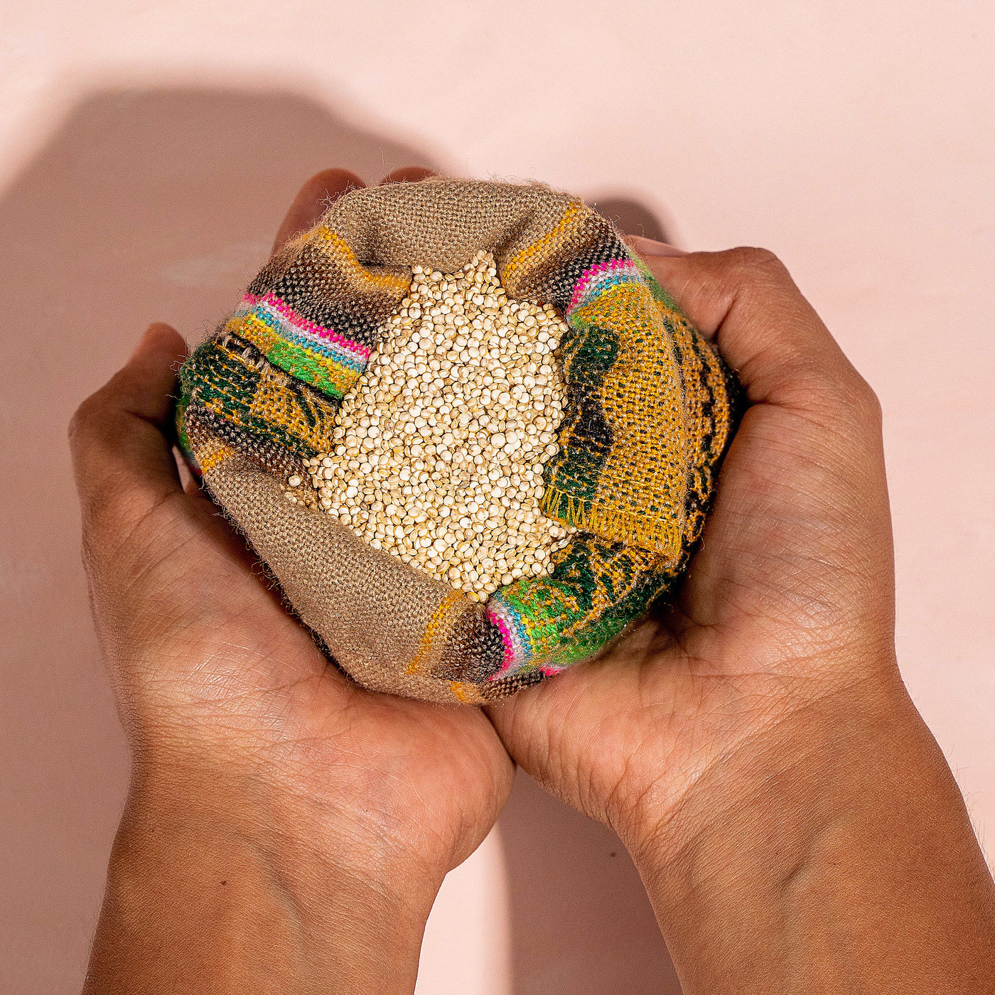 white quinoa on a handamade peruvian handbag